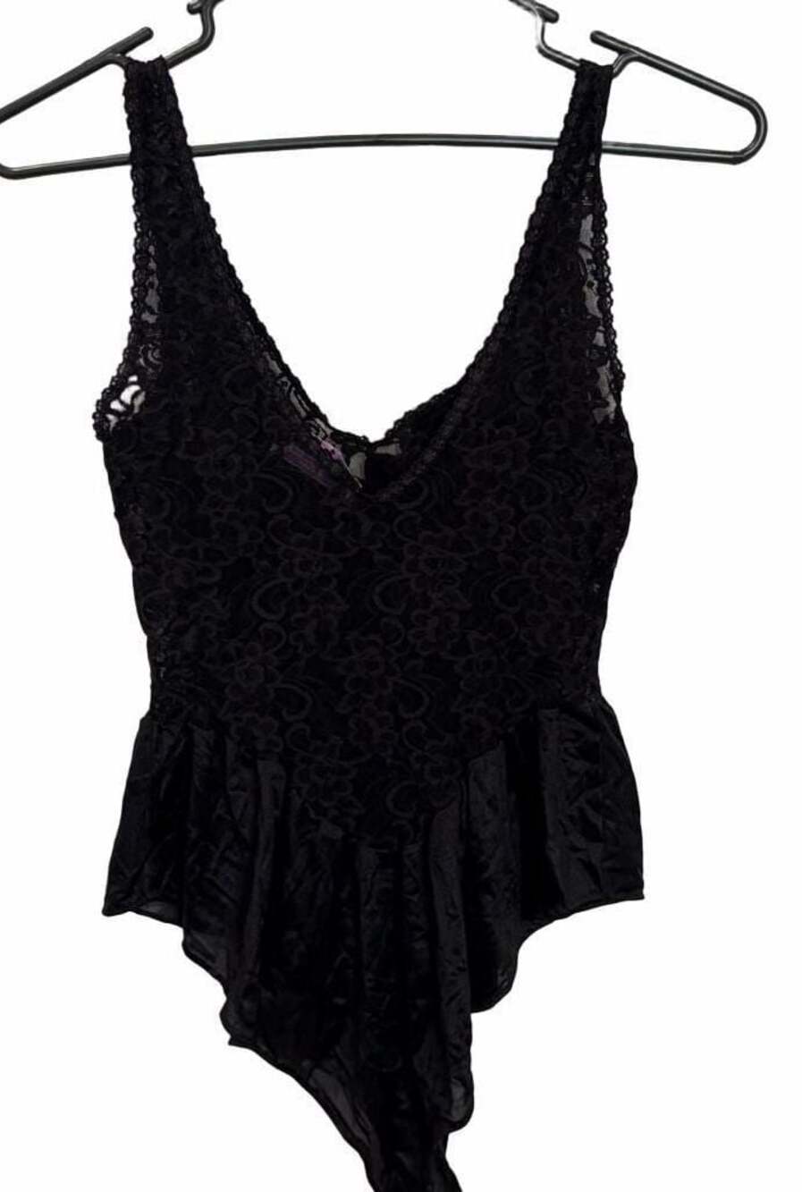 Gloria Vanderbilt Vintage 80s Black Lace Bodysuit Lingerie with Floral Applique